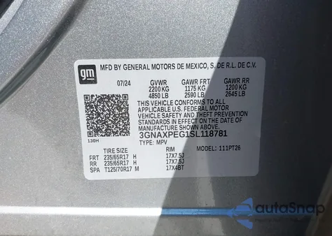 2025 Chevrolet Equinox Awd Lt из США, поврежденный, VIN 3GNAXPEG1SL118781